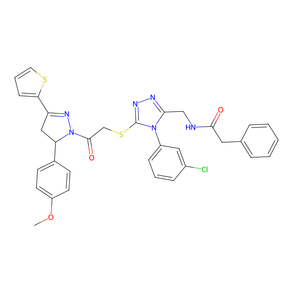 N-[[4-(3-chlorophenyl)-5-[2-[3-(4-methoxyphenyl)-5-thiophen-2-yl-3,4-dihydropyrazol-2-yl]-2-oxoethyl]sulfanyl-1,2,4-triazol-3-yl]methyl]-2-phenylacetamide molecular structure, CAS 362505-55-3