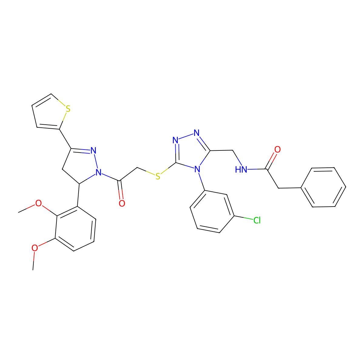 N-[[4-(3-chlorophenyl)-5-[2-[3-(2,3-dimethoxyphenyl)-5-thiophen-2-yl-3,4-dihydropyrazol-2-yl]-2-oxoethyl]sulfanyl-1,2,4-triazol-3-yl]methyl]-2-phenylacetamide molecular structure, CAS 362505-57-5