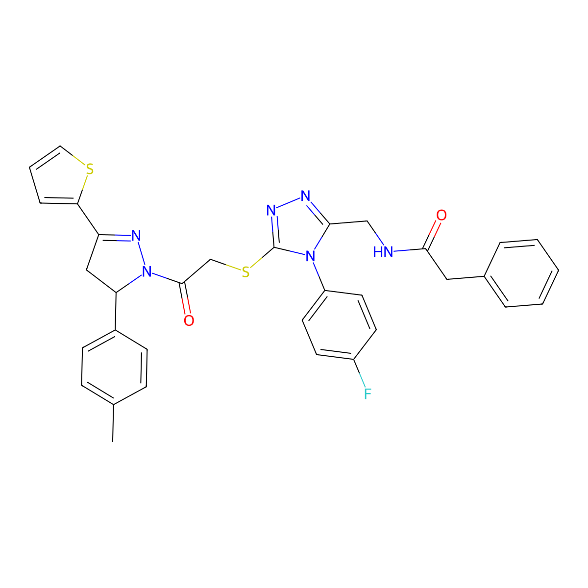 N-[[4-(4-fluorophenyl)-5-[2-[3-(4-methylphenyl)-5-thiophen-2-yl-3,4-dihydropyrazol-2-yl]-2-oxoethyl]sulfanyl-1,2,4-triazol-3-yl]methyl]-2-phenylacetamide molecular structure, CAS 362505-59-7