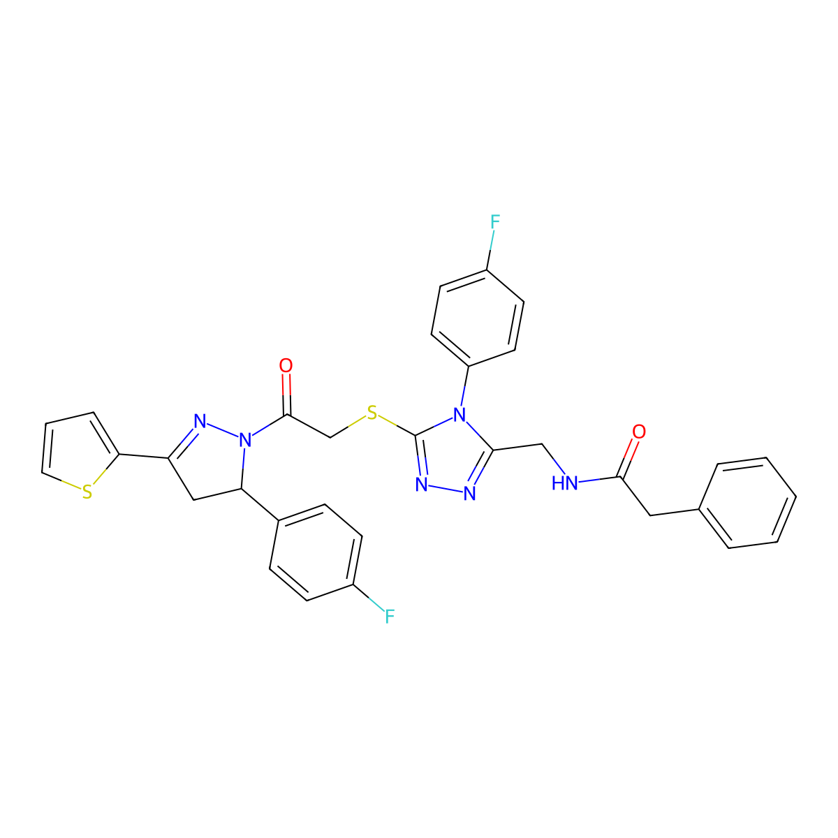 N-((4-(4-fluorophenyl)-5-((2-(5-(4-fluorophenyl)-3-(thiophen-2-yl)-4,5-dihydro-1H-pyrazol-1-yl)-2-oxoethyl)thio)-4H-1,2,4-triazol-3-yl)methyl)-2-phenylacetamide molecular structure, CAS 362505-61-1