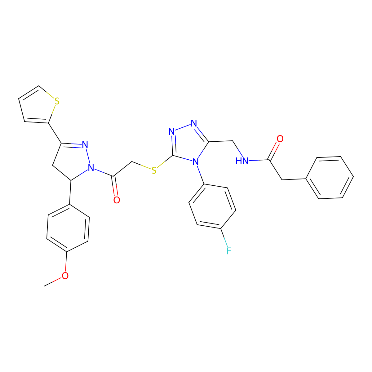 N-[[4-(4-fluorophenyl)-5-[2-[3-(4-methoxyphenyl)-5-thiophen-2-yl-3,4-dihydropyrazol-2-yl]-2-oxoethyl]sulfanyl-1,2,4-triazol-3-yl]methyl]-2-phenylacetamide molecular structure, CAS 362505-63-3