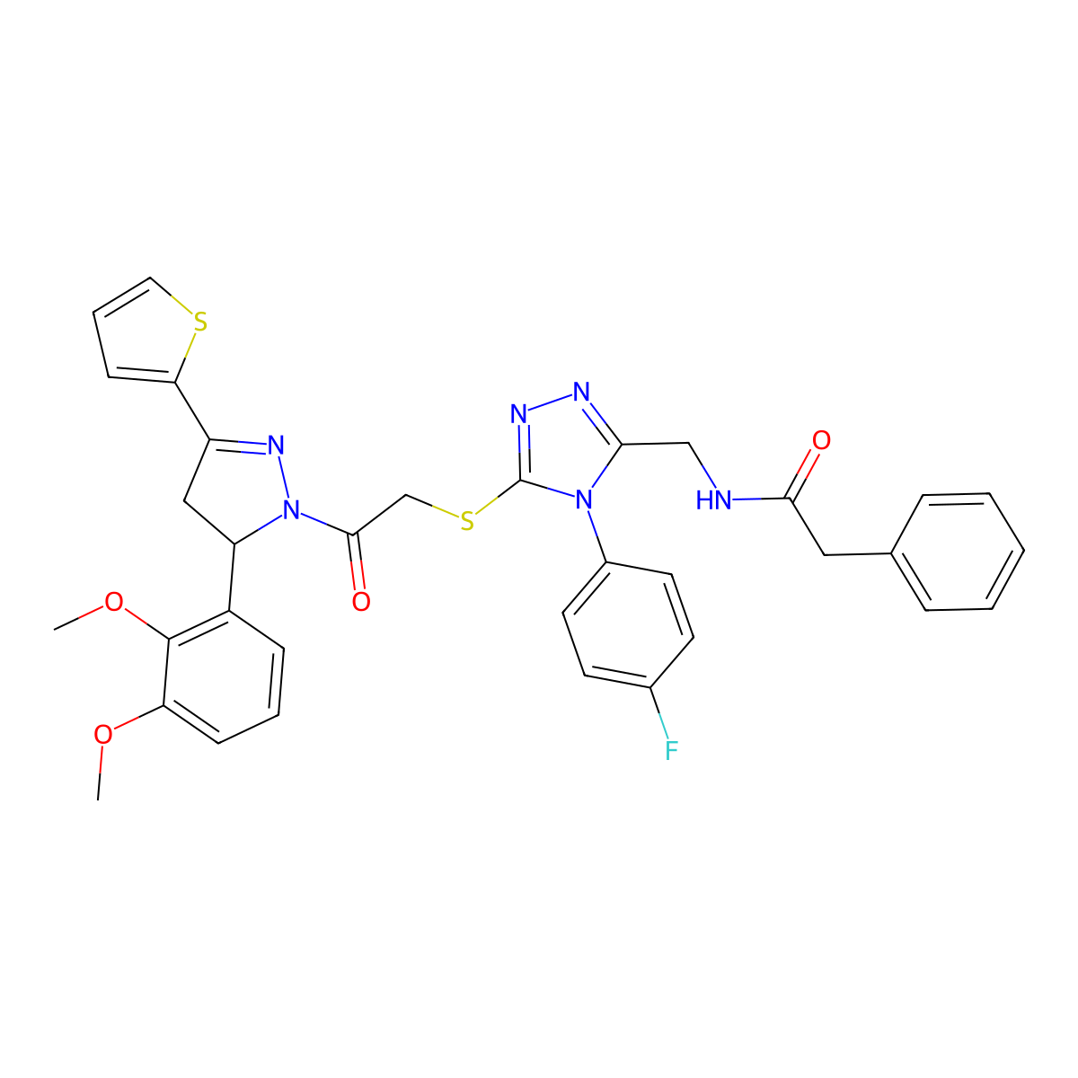 N-((5-((2-(5-(2,3-dimethoxyphenyl)-3-(thiophen-2-yl)-4,5-dihydro-1H-pyrazol-1-yl)-2-oxoethyl)thio)-4-(4-fluorophenyl)-4H-1,2,4-triazol-3-yl)methyl)-2-phenylacetamide molecular structure, CAS 362505-65-5