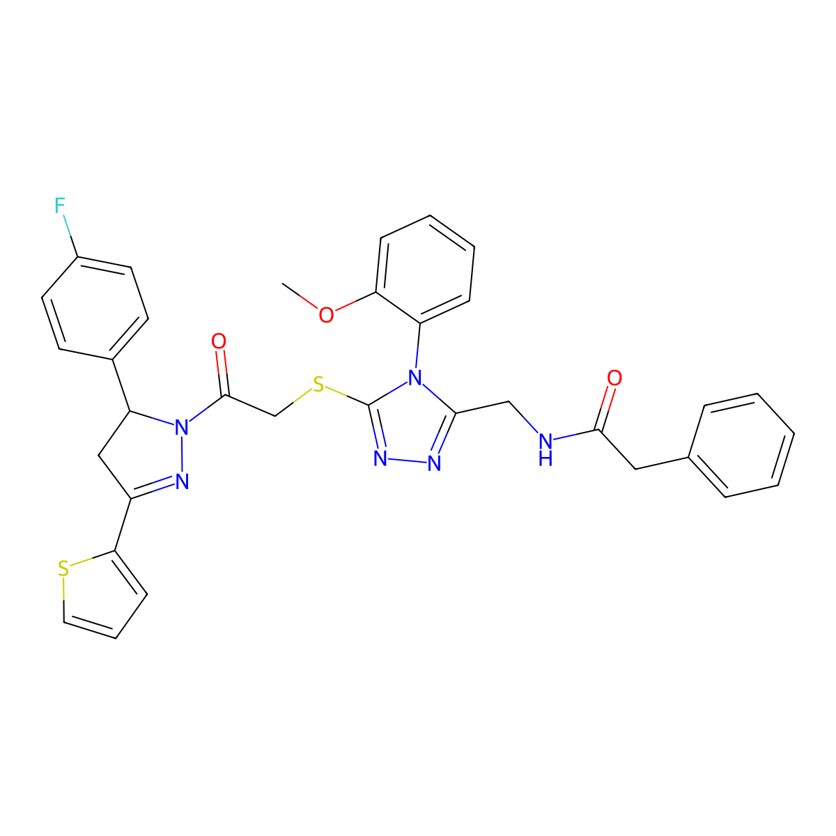 N-[[5-[2-[3-(4-fluorophenyl)-5-thiophen-2-yl-3,4-dihydropyrazol-2-yl]-2-oxoethyl]sulfanyl-4-(2-methoxyphenyl)-1,2,4-triazol-3-yl]methyl]-2-phenylacetamide molecular structure, CAS 362505-67-7