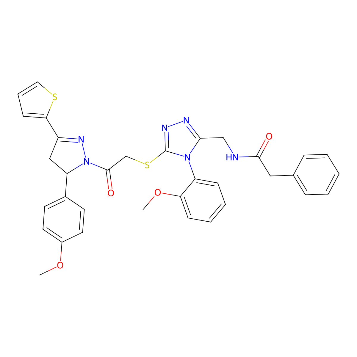 N-((4-(2-methoxyphenyl)-5-((2-(5-(4-methoxyphenyl)-3-(thiophen-2-yl)-4,5-dihydro-1H-pyrazol-1-yl)-2-oxoethyl)thio)-4H-1,2,4-triazol-3-yl)methyl)-2-phenylacetamide molecular structure, CAS 362505-69-9