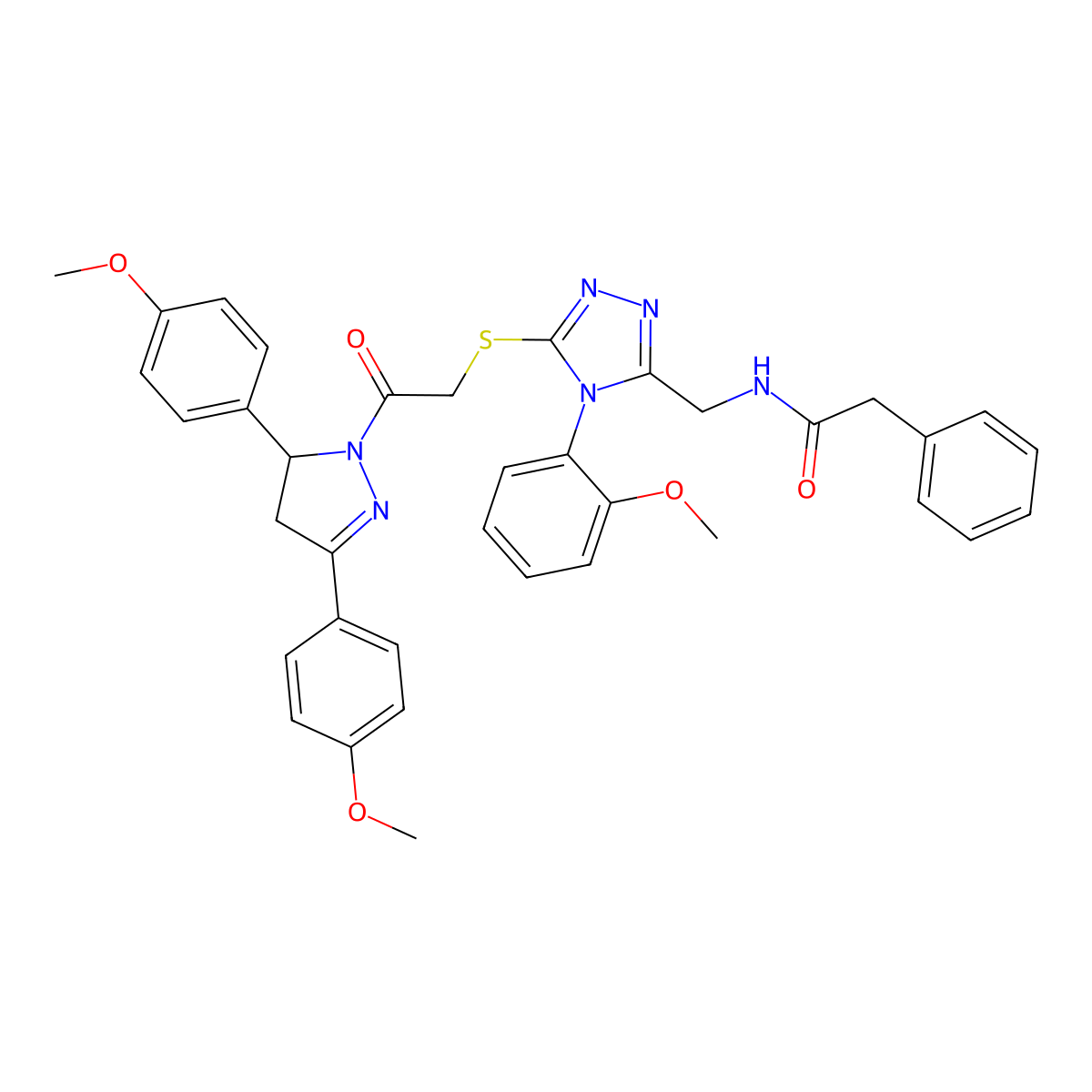 N-((5-((2-(3,5-bis(4-methoxyphenyl)-4,5-dihydro-1H-pyrazol-1-yl)-2-oxoethyl)thio)-4-(2-methoxyphenyl)-4H-1,2,4-triazol-3-yl)methyl)-2-phenylacetamide molecular structure, CAS 362505-70-2