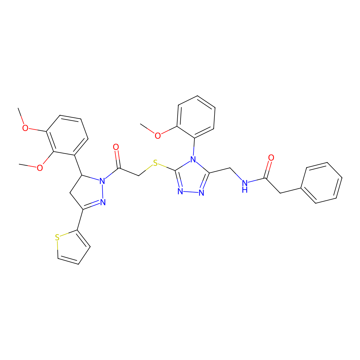 N-((5-((2-(5-(2,3-dimethoxyphenyl)-3-(thiophen-2-yl)-4,5-dihydro-1H-pyrazol-1-yl)-2-oxoethyl)thio)-4-(2-methoxyphenyl)-4H-1,2,4-triazol-3-yl)methyl)-2-phenylacetamide molecular structure, CAS 362505-71-3