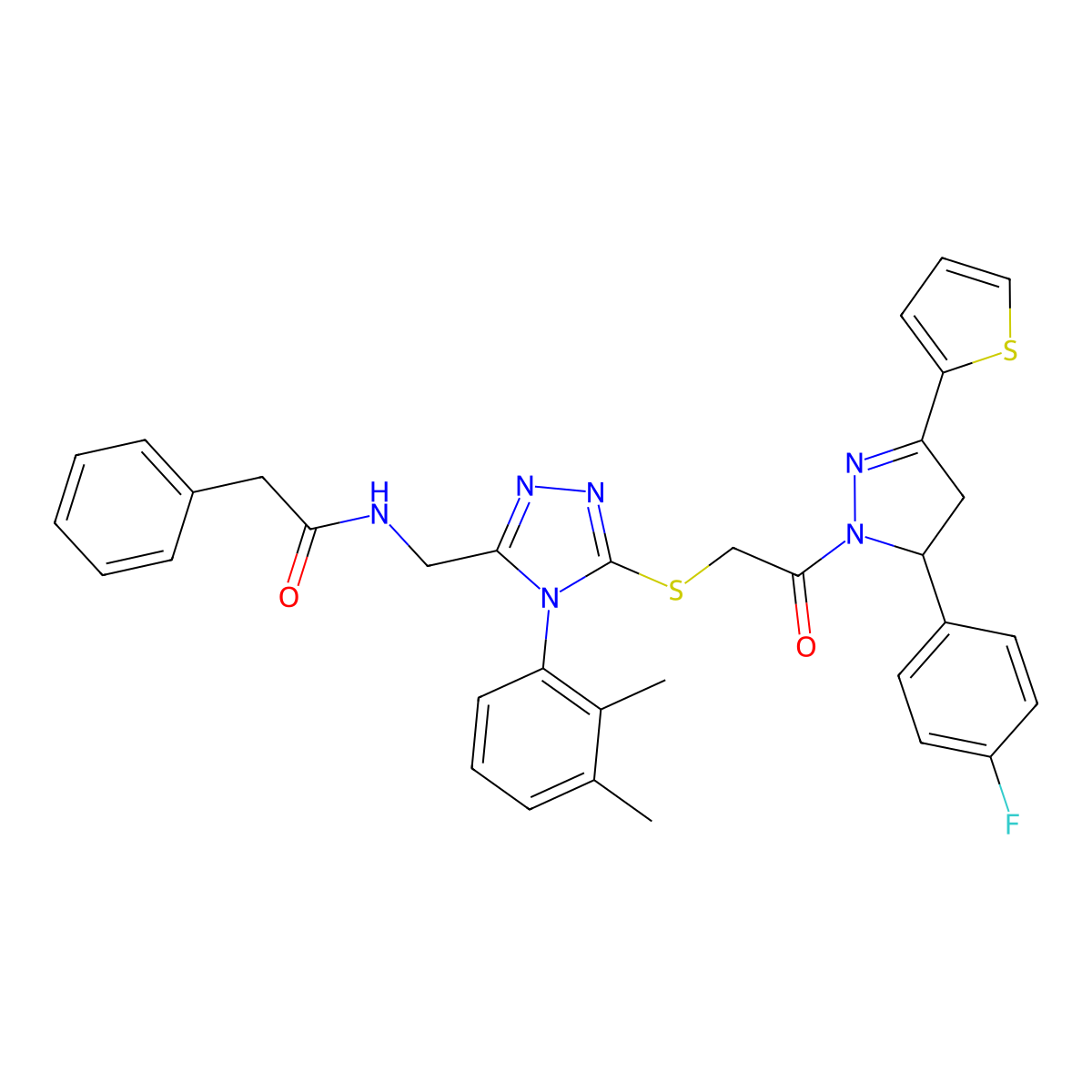 N-[[4-(2,3-dimethylphenyl)-5-[2-[3-(4-fluorophenyl)-5-thiophen-2-yl-3,4-dihydropyrazol-2-yl]-2-oxoethyl]sulfanyl-1,2,4-triazol-3-yl]methyl]-2-phenylacetamide molecular structure, CAS 362505-73-5