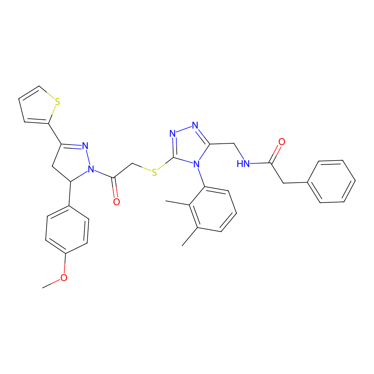 N-[[4-(2,3-dimethylphenyl)-5-[2-[3-(4-methoxyphenyl)-5-thiophen-2-yl-3,4-dihydropyrazol-2-yl]-2-oxoethyl]sulfanyl-1,2,4-triazol-3-yl]methyl]-2-phenylacetamide molecular structure, CAS 362505-75-7