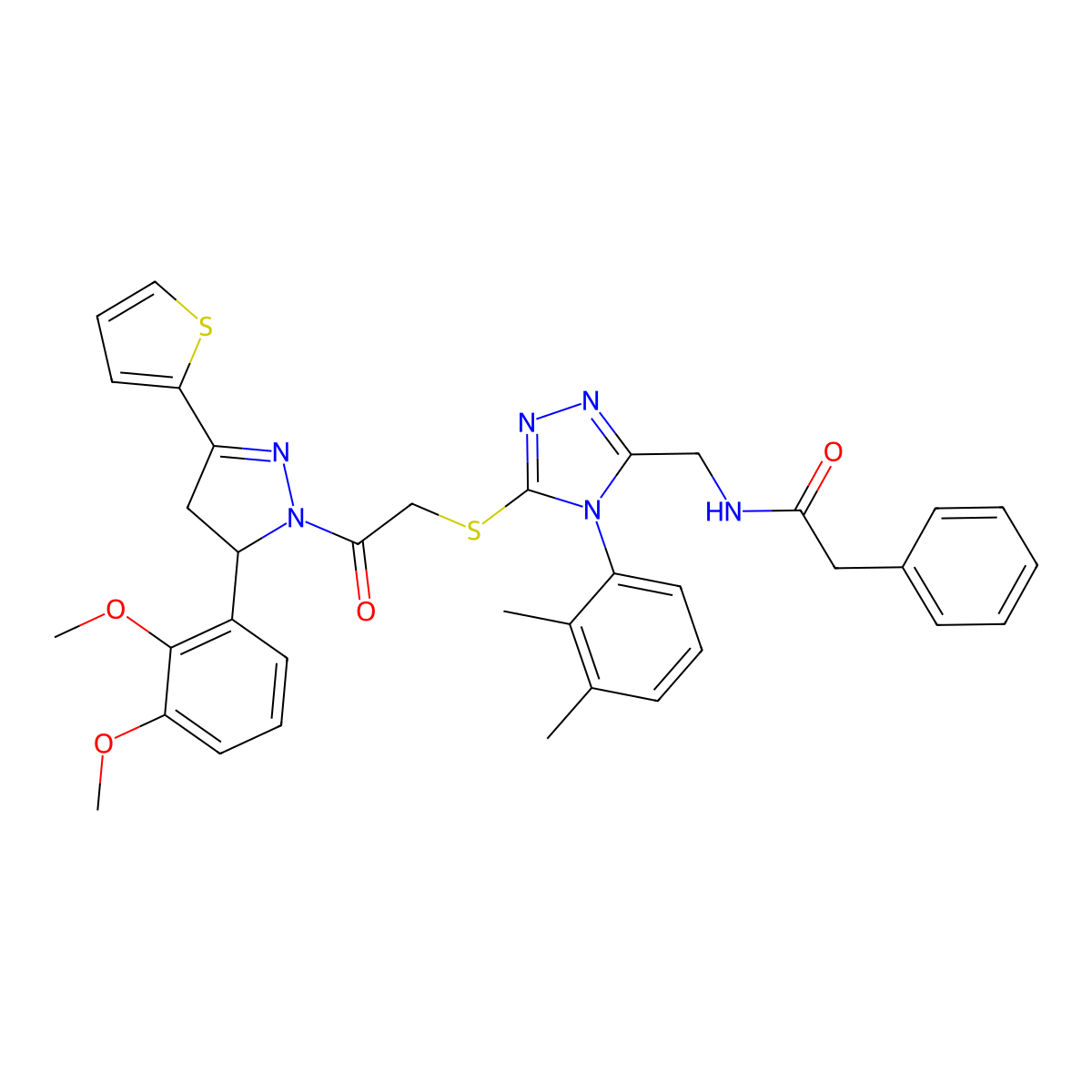 N-((5-((2-(5-(2,3-dimethoxyphenyl)-3-(thiophen-2-yl)-4,5-dihydro-1H-pyrazol-1-yl)-2-oxoethyl)thio)-4-(2,3-dimethylphenyl)-4H-1,2,4-triazol-3-yl)methyl)-2-phenylacetamide molecular structure, CAS 362505-77-9
