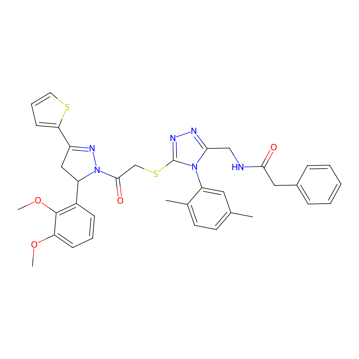 N-((5-((2-(5-(2,3-dimethoxyphenyl)-3-(thiophen-2-yl)-4,5-dihydro-1H-pyrazol-1-yl)-2-oxoethyl)thio)-4-(2,5-dimethylphenyl)-4H-1,2,4-triazol-3-yl)methyl)-2-phenylacetamide molecular structure, CAS 362505-81-5