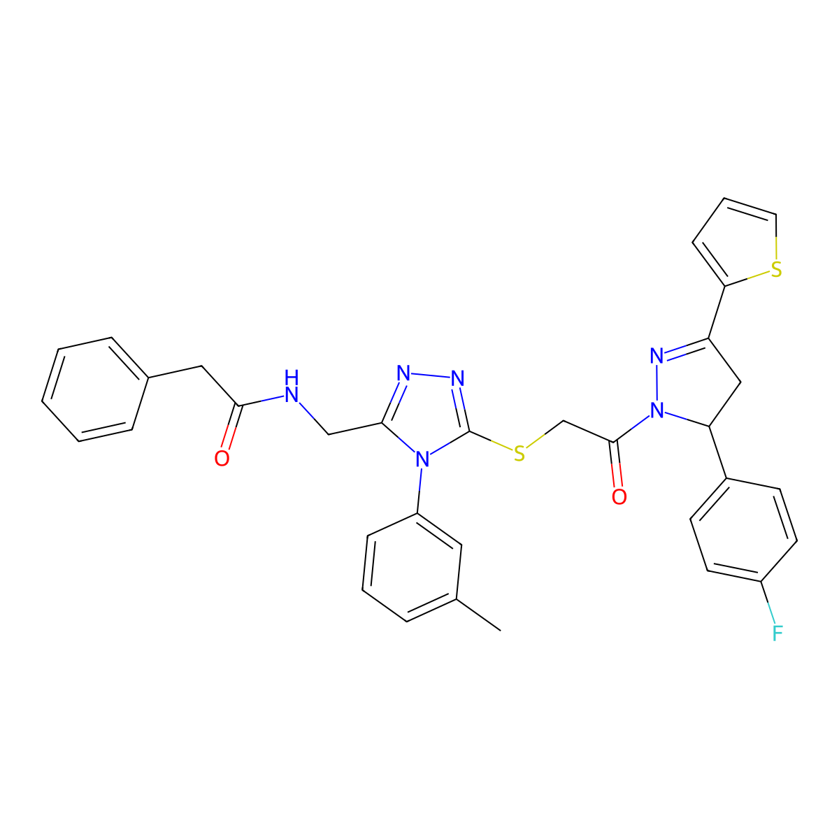 N-[[5-[2-[3-(4-fluorophenyl)-5-thiophen-2-yl-3,4-dihydropyrazol-2-yl]-2-oxoethyl]sulfanyl-4-(3-methylphenyl)-1,2,4-triazol-3-yl]methyl]-2-phenylacetamide molecular structure, CAS 362505-83-7