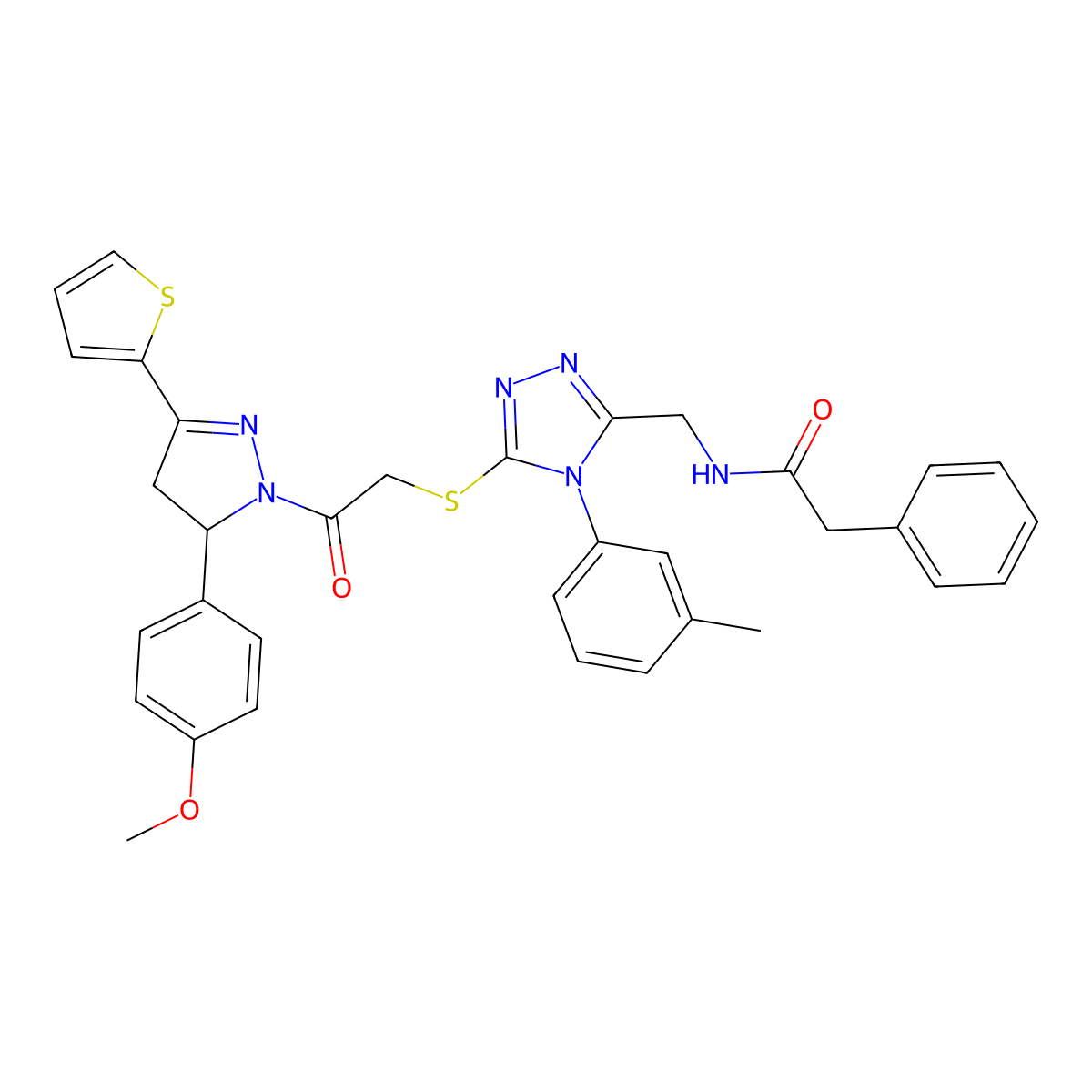 N-((5-((2-(5-(4-methoxyphenyl)-3-(thiophen-2-yl)-4,5-dihydro-1H-pyrazol-1-yl)-2-oxoethyl)thio)-4-(m-tolyl)-4H-1,2,4-triazol-3-yl)methyl)-2-phenylacetamide molecular structure, CAS 362505-85-9