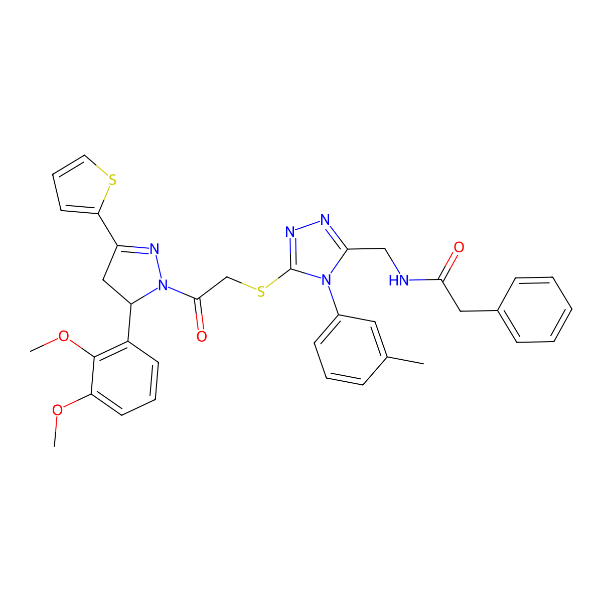 N-((5-((2-(5-(2,3-dimethoxyphenyl)-3-(thiophen-2-yl)-4,5-dihydro-1H-pyrazol-1-yl)-2-oxoethyl)thio)-4-(m-tolyl)-4H-1,2,4-triazol-3-yl)methyl)-2-phenylacetamide molecular structure, CAS 362505-89-3