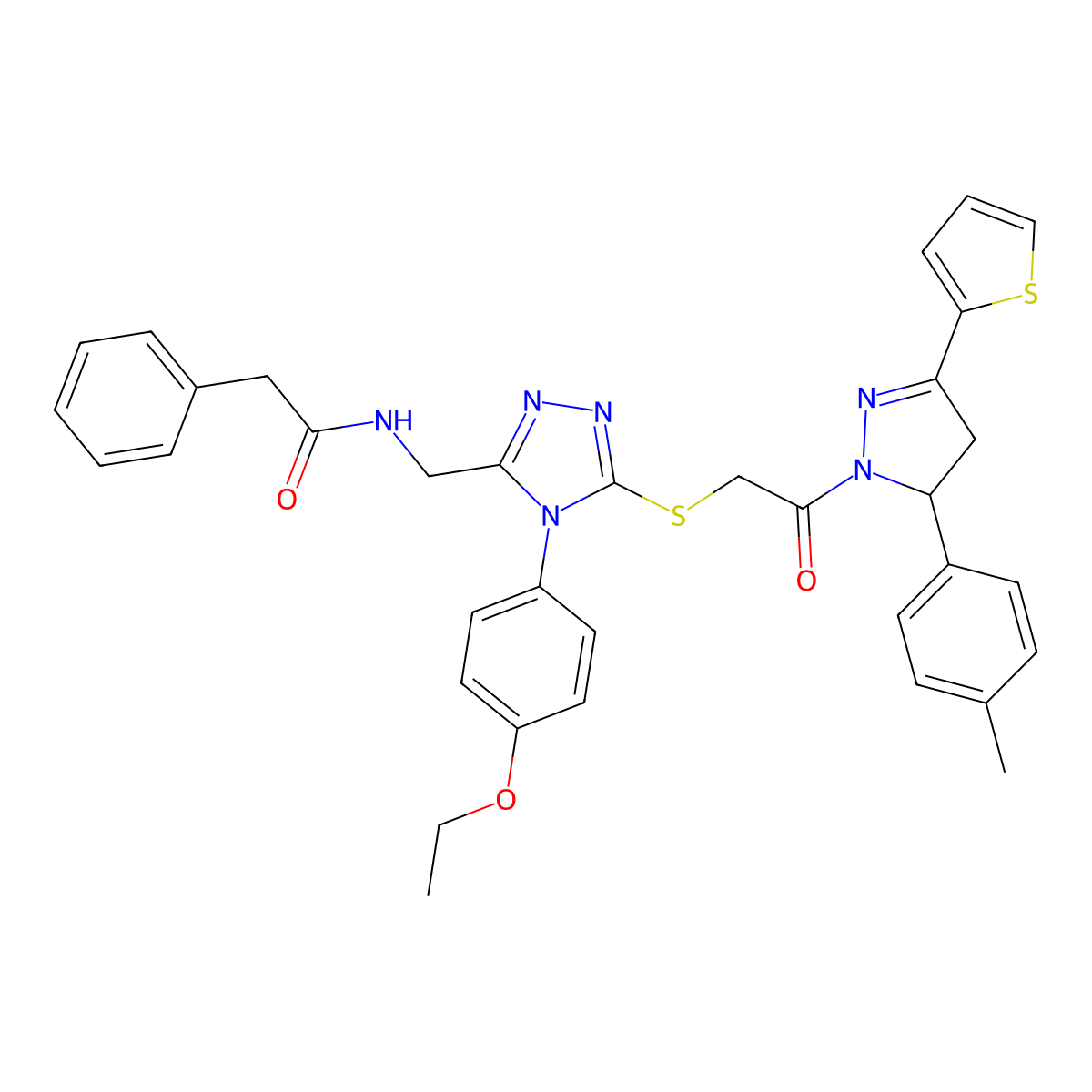 N-[[4-(4-ethoxyphenyl)-5-[2-[3-(4-methylphenyl)-5-thiophen-2-yl-3,4-dihydropyrazol-2-yl]-2-oxoethyl]sulfanyl-1,2,4-triazol-3-yl]methyl]-2-phenylacetamide molecular structure, CAS 362505-91-7