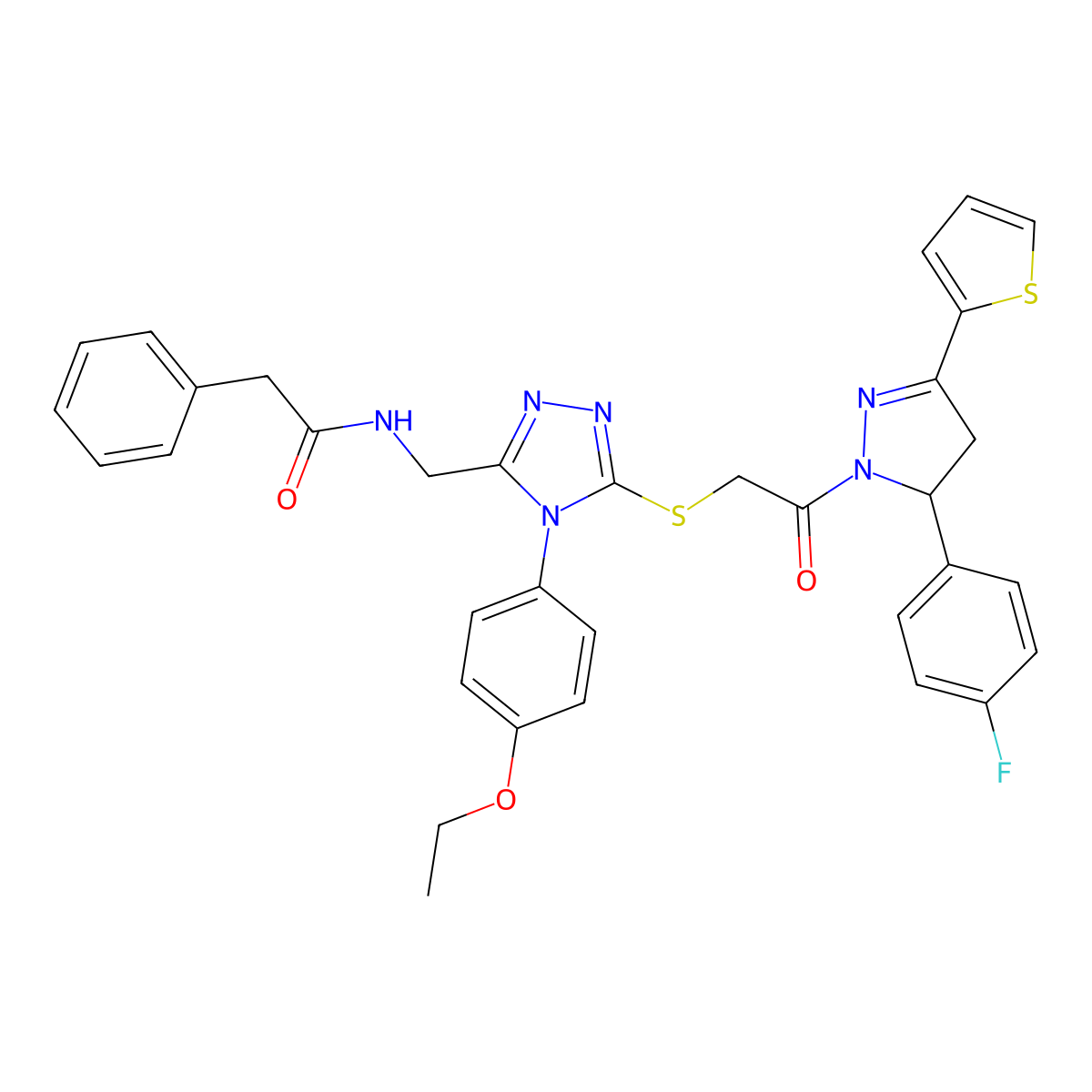 N-((4-(4-ethoxyphenyl)-5-((2-(5-(4-fluorophenyl)-3-(thiophen-2-yl)-4,5-dihydro-1H-pyrazol-1-yl)-2-oxoethyl)thio)-4H-1,2,4-triazol-3-yl)methyl)-2-phenylacetamide molecular structure, CAS 362505-93-9
