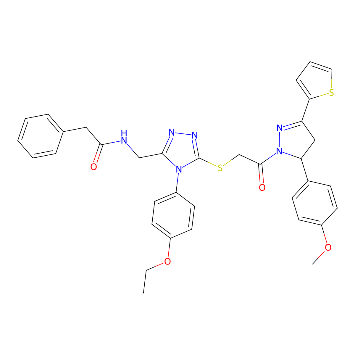 N-((4-(4-ethoxyphenyl)-5-((2-(5-(4-methoxyphenyl)-3-(thiophen-2-yl)-4,5-dihydro-1H-pyrazol-1-yl)-2-oxoethyl)thio)-4H-1,2,4-triazol-3-yl)methyl)-2-phenylacetamide molecular structure, CAS 362505-95-1