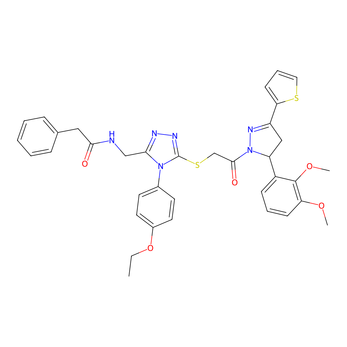 N-[[5-[2-[3-(2,3-dimethoxyphenyl)-5-thiophen-2-yl-3,4-dihydropyrazol-2-yl]-2-oxoethyl]sulfanyl-4-(4-ethoxyphenyl)-1,2,4-triazol-3-yl]methyl]-2-phenylacetamide molecular structure, CAS 362505-96-2