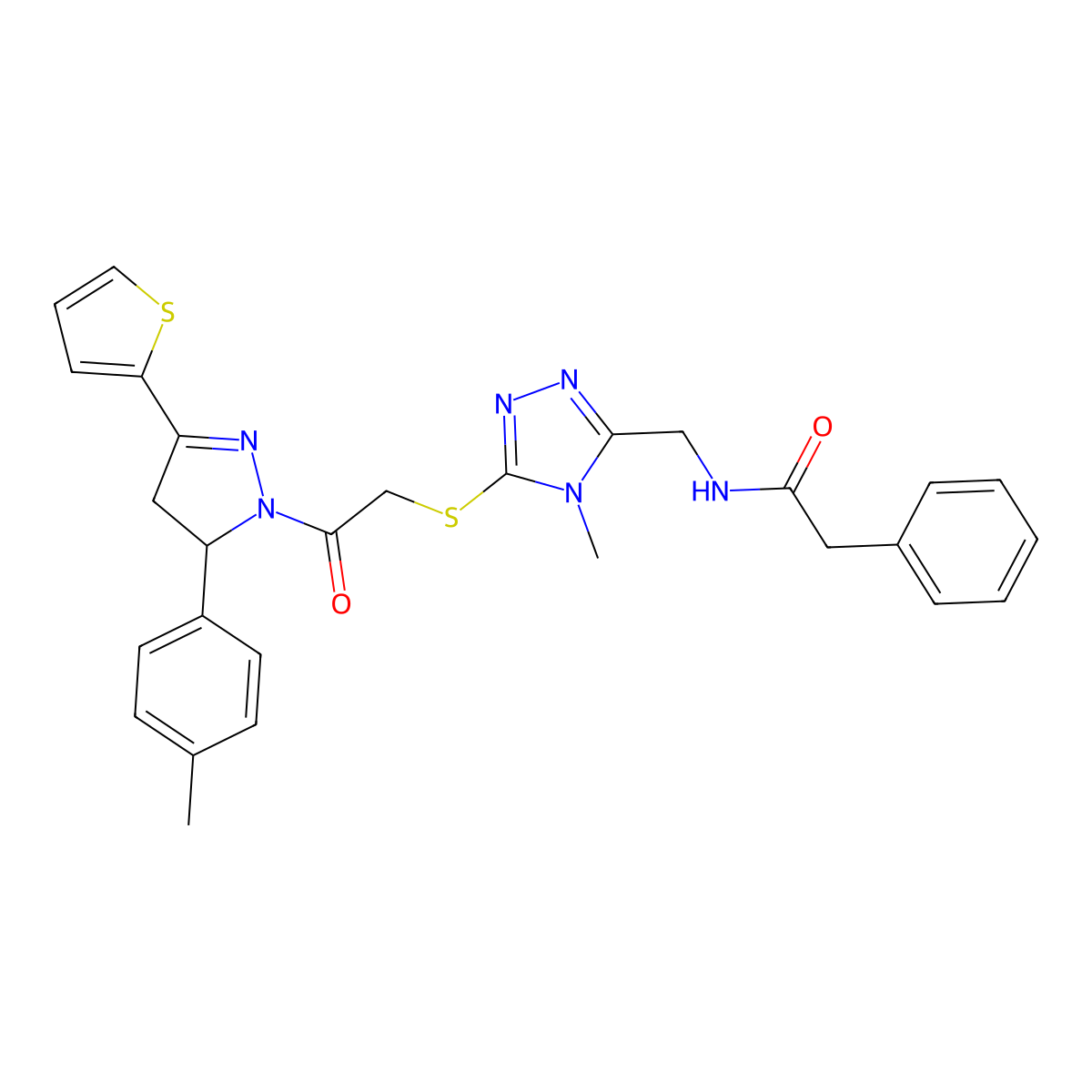 N-((4-methyl-5-((2-oxo-2-(3-(thiophen-2-yl)-5-(p-tolyl)-4,5-dihydro-1H-pyrazol-1-yl)ethyl)thio)-4H-1,2,4-triazol-3-yl)methyl)-2-phenylacetamide molecular structure, CAS 362506-02-3