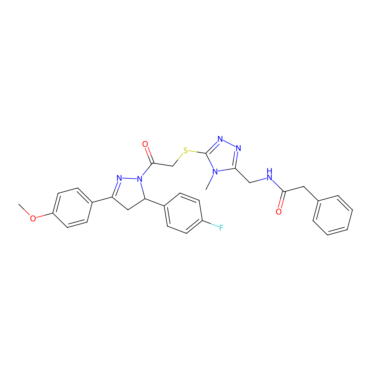 N-((5-((2-(5-(4-fluorophenyl)-3-(4-methoxyphenyl)-4,5-dihydro-1H-pyrazol-1-yl)-2-oxoethyl)thio)-4-methyl-4H-1,2,4-triazol-3-yl)methyl)-2-phenylacetamide molecular structure, CAS 362506-04-5