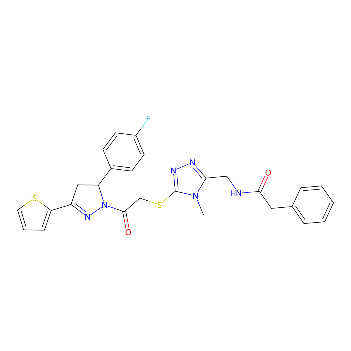 N-((5-((2-(5-(4-fluorophenyl)-3-(thiophen-2-yl)-4,5-dihydro-1H-pyrazol-1-yl)-2-oxoethyl)thio)-4-methyl-4H-1,2,4-triazol-3-yl)methyl)-2-phenylacetamide molecular structure, CAS 362506-08-9
