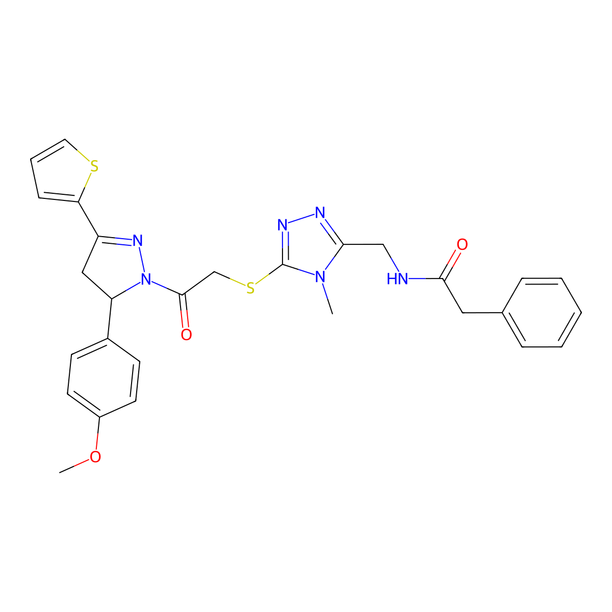 N-((5-((2-(5-(4-methoxyphenyl)-3-(thiophen-2-yl)-4,5-dihydro-1H-pyrazol-1-yl)-2-oxoethyl)thio)-4-methyl-4H-1,2,4-triazol-3-yl)methyl)-2-phenylacetamide molecular structure, CAS 362506-10-3