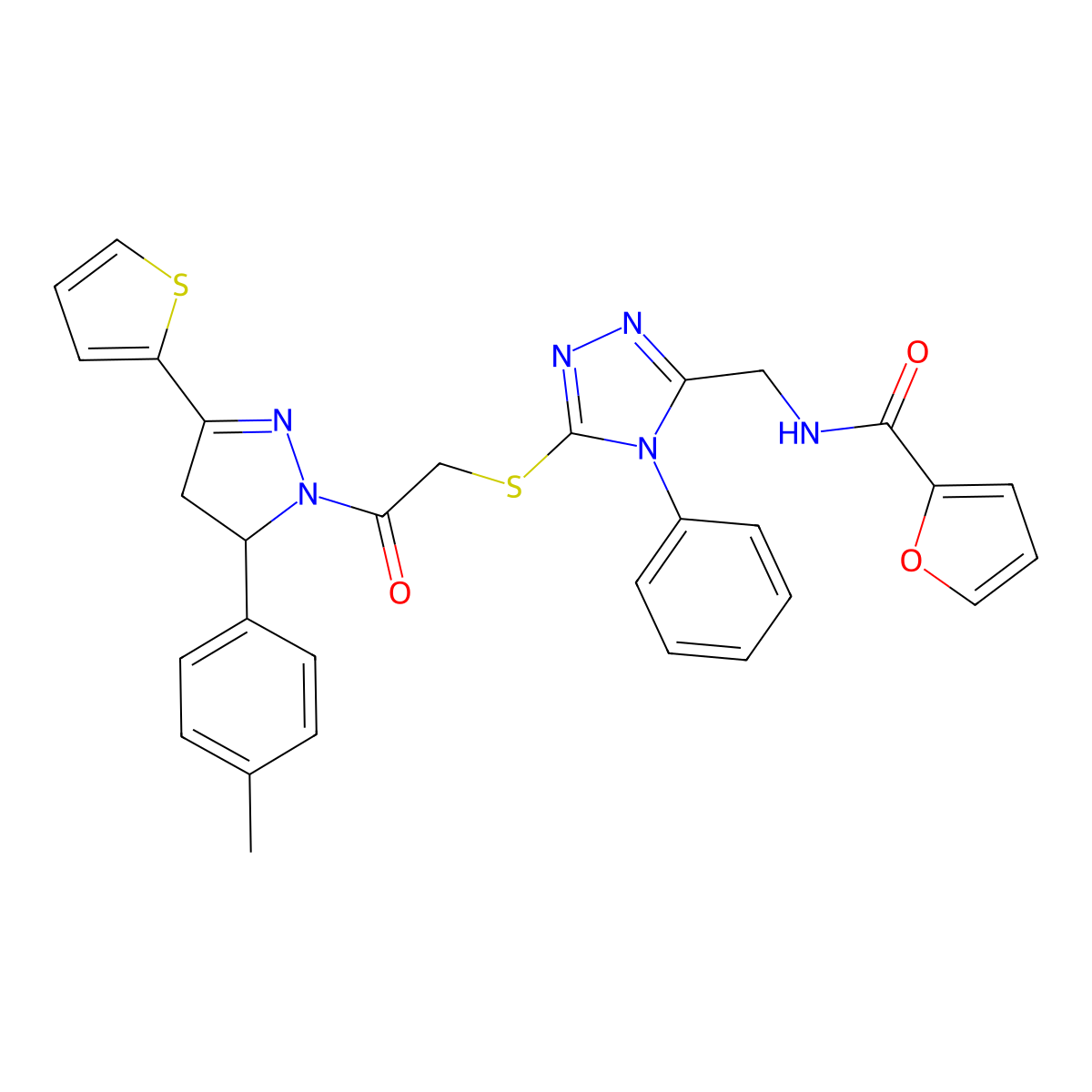 N-((5-((2-oxo-2-(3-(thiophen-2-yl)-5-(p-tolyl)-4,5-dihydro-1H-pyrazol-1-yl)ethyl)thio)-4-phenyl-4H-1,2,4-triazol-3-yl)methyl)furan-2-carboxamide molecular structure, CAS 362506-18-1