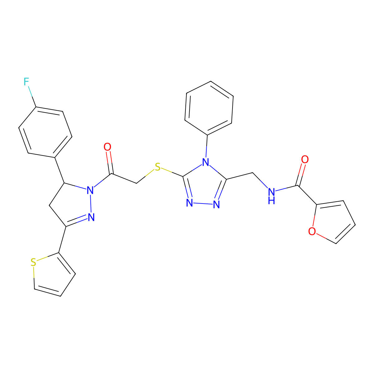 N-((5-((2-(5-(4-fluorophenyl)-3-(thiophen-2-yl)-4,5-dihydro-1H-pyrazol-1-yl)-2-oxoethyl)thio)-4-phenyl-4H-1,2,4-triazol-3-yl)methyl)furan-2-carboxamide molecular structure, CAS 362506-27-2