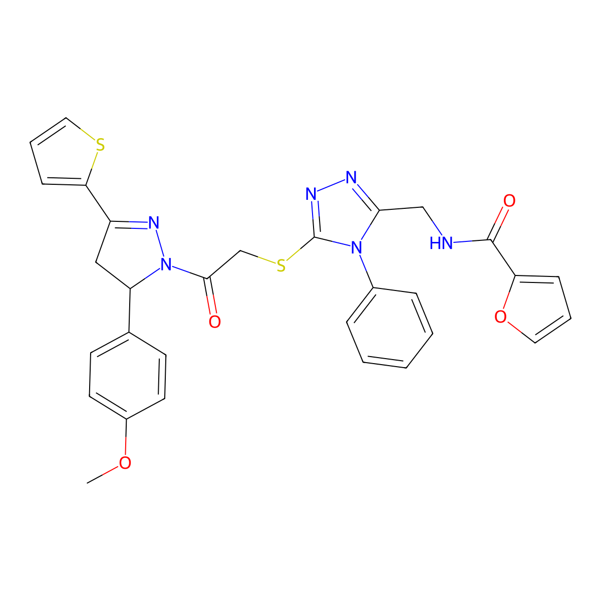 N-((5-((2-(5-(4-methoxyphenyl)-3-(thiophen-2-yl)-4,5-dihydro-1H-pyrazol-1-yl)-2-oxoethyl)thio)-4-phenyl-4H-1,2,4-triazol-3-yl)methyl)furan-2-carboxamide molecular structure, CAS 362506-30-7