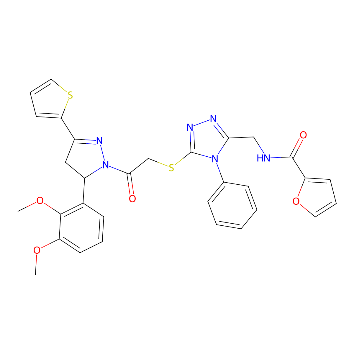 N-[[5-[2-[3-(2,3-dimethoxyphenyl)-5-thiophen-2-yl-3,4-dihydropyrazol-2-yl]-2-oxoethyl]sulfanyl-4-phenyl-1,2,4-triazol-3-yl]methyl]furan-2-carboxamide molecular structure, CAS 362506-40-9