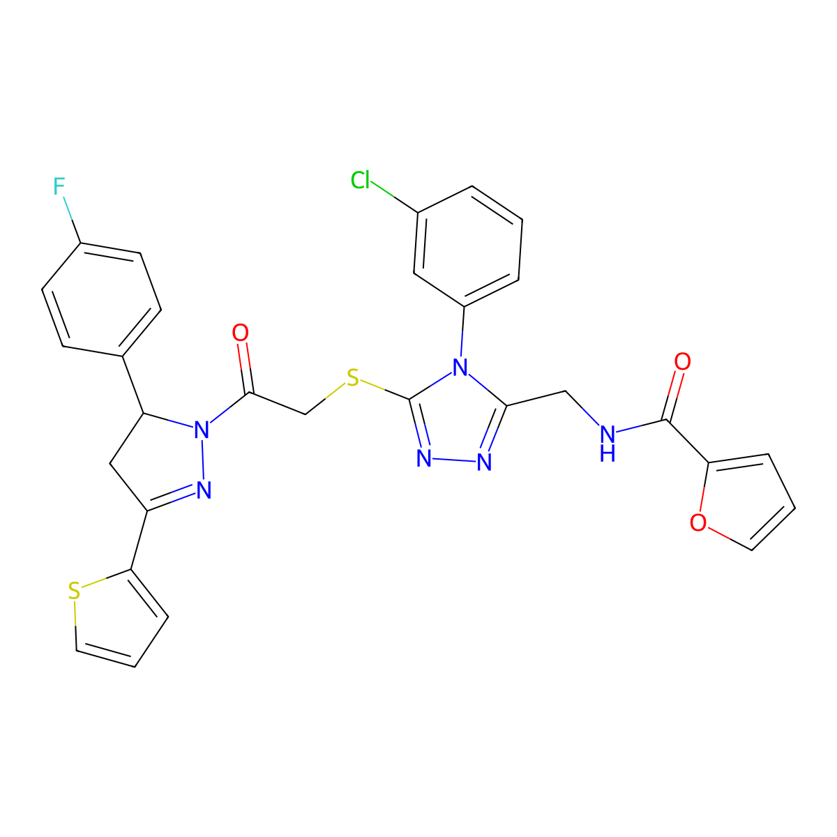 N-[[4-(3-chlorophenyl)-5-[2-[3-(4-fluorophenyl)-5-thiophen-2-yl-3,4-dihydropyrazol-2-yl]-2-oxoethyl]sulfanyl-1,2,4-triazol-3-yl]methyl]furan-2-carboxamide molecular structure, CAS 362506-51-2