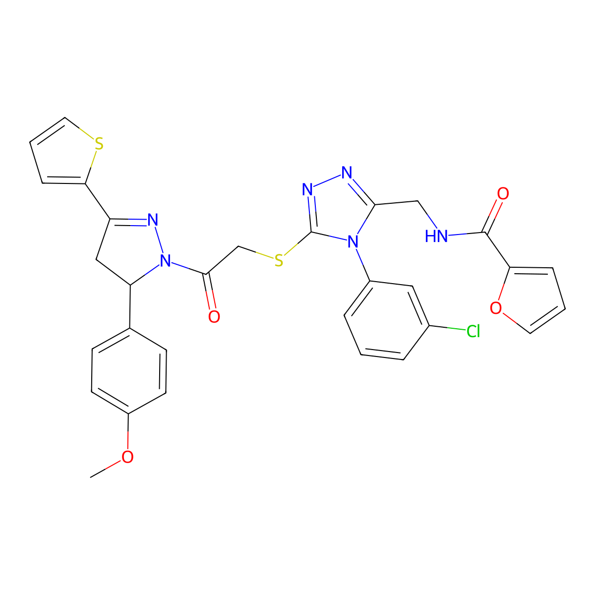 N-((4-(3-chlorophenyl)-5-((2-(5-(4-methoxyphenyl)-3-(thiophen-2-yl)-4,5-dihydro-1H-pyrazol-1-yl)-2-oxoethyl)thio)-4H-1,2,4-triazol-3-yl)methyl)furan-2-carboxamide molecular structure, CAS 362506-53-4