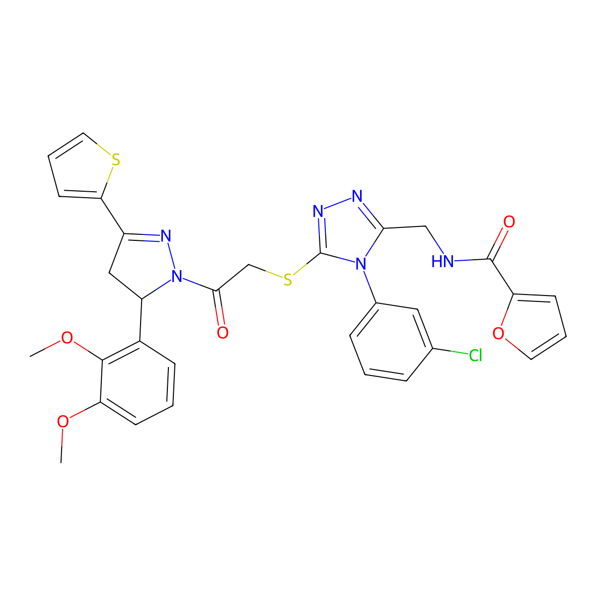 N-((4-(3-chlorophenyl)-5-((2-(5-(2,3-dimethoxyphenyl)-3-(thiophen-2-yl)-4,5-dihydro-1H-pyrazol-1-yl)-2-oxoethyl)thio)-4H-1,2,4-triazol-3-yl)methyl)furan-2-carboxamide molecular structure, CAS 362506-62-5