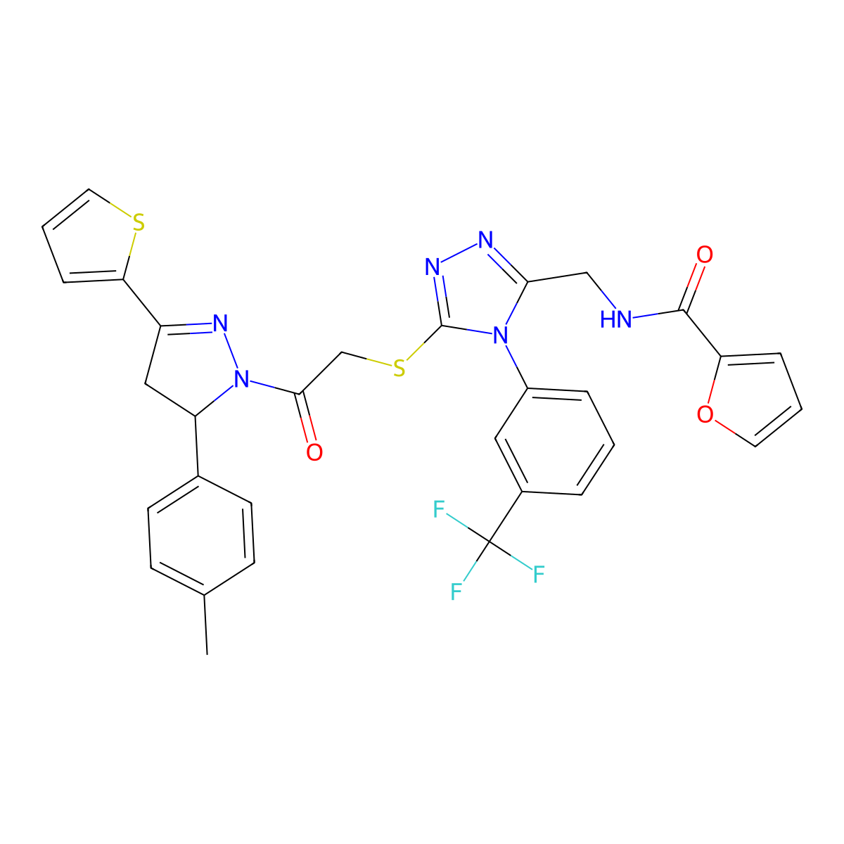 N-[[5-[2-[3-(4-methylphenyl)-5-thiophen-2-yl-3,4-dihydropyrazol-2-yl]-2-oxoethyl]sulfanyl-4-[3-(trifluoromethyl)phenyl]-1,2,4-triazol-3-yl]methyl]furan-2-carboxamide molecular structure, CAS 362506-68-1