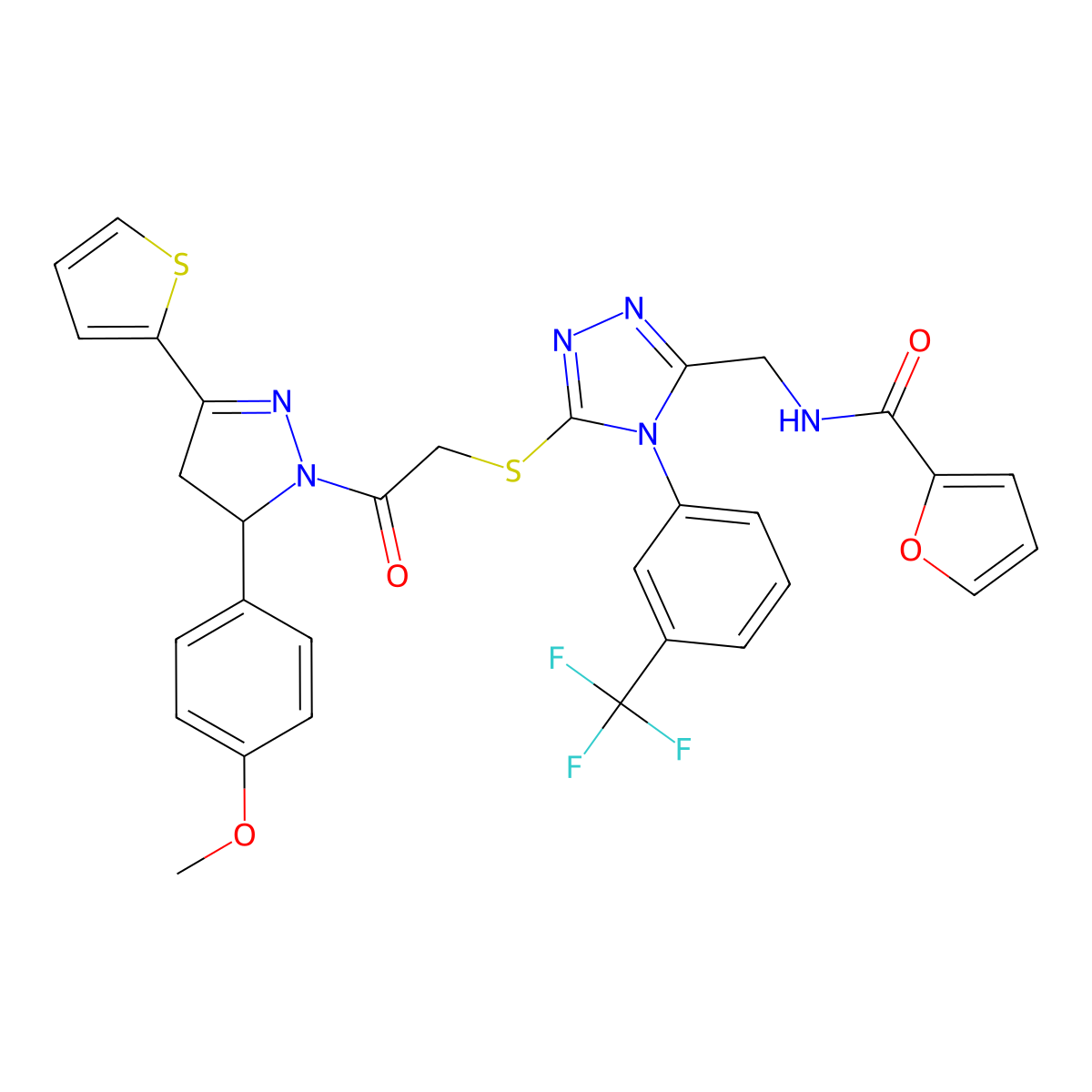 N-[[5-[2-[3-(4-methoxyphenyl)-5-thiophen-2-yl-3,4-dihydropyrazol-2-yl]-2-oxoethyl]sulfanyl-4-[3-(trifluoromethyl)phenyl]-1,2,4-triazol-3-yl]methyl]furan-2-carboxamide molecular structure, CAS 362506-73-8