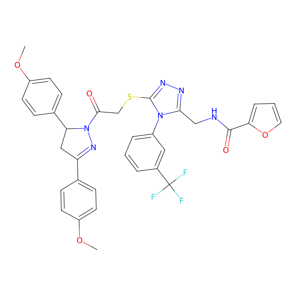 N-[[5-[2-[3,5-bis(4-methoxyphenyl)-3,4-dihydropyrazol-2-yl]-2-oxoethyl]sulfanyl-4-[3-(trifluoromethyl)phenyl]-1,2,4-triazol-3-yl]methyl]furan-2-carboxamide molecular structure, CAS 362506-75-0