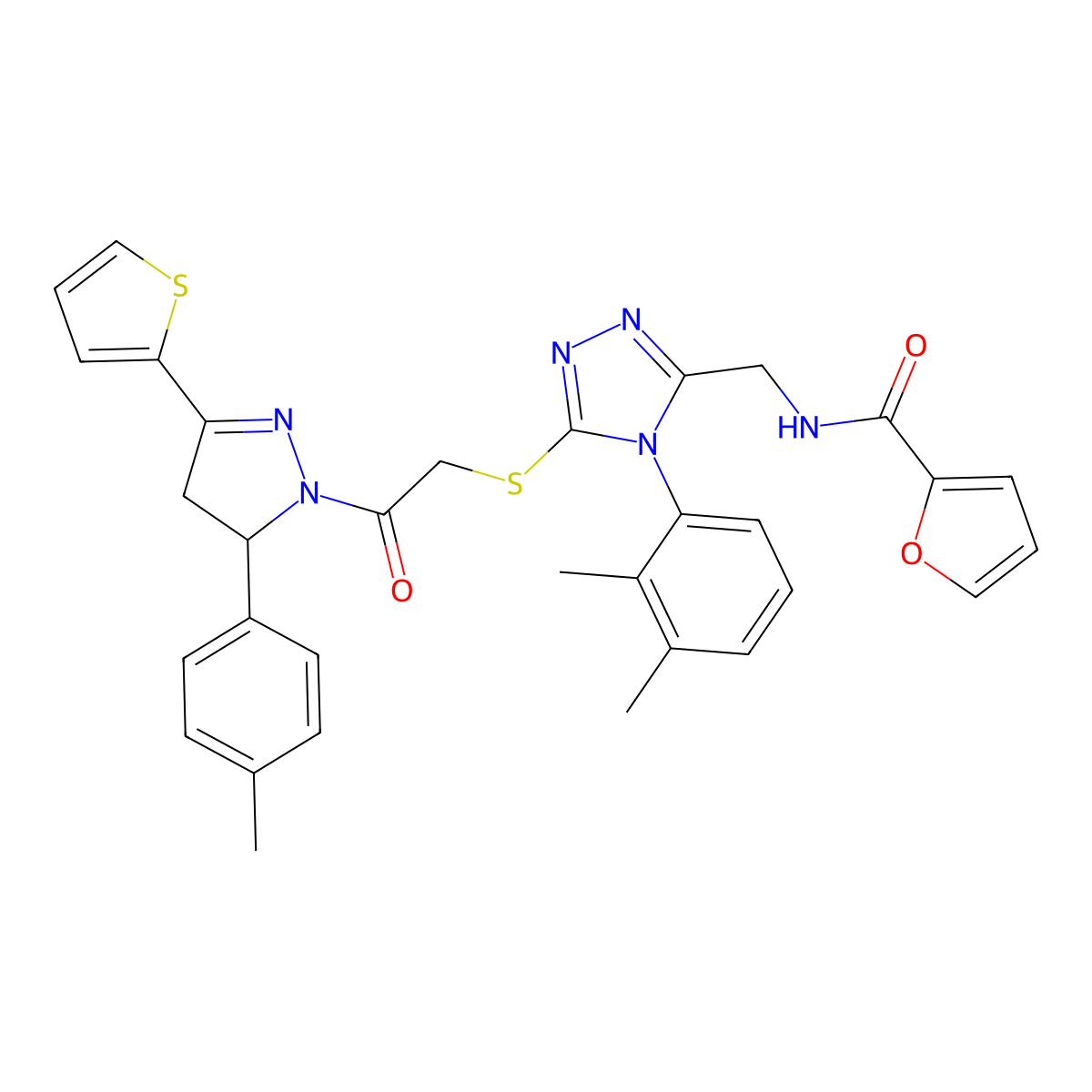 N-((4-(2,3-dimethylphenyl)-5-((2-oxo-2-(3-(thiophen-2-yl)-5-(p-tolyl)-4,5-dihydro-1H-pyrazol-1-yl)ethyl)thio)-4H-1,2,4-triazol-3-yl)methyl)furan-2-carboxamide molecular structure, CAS 362506-81-8