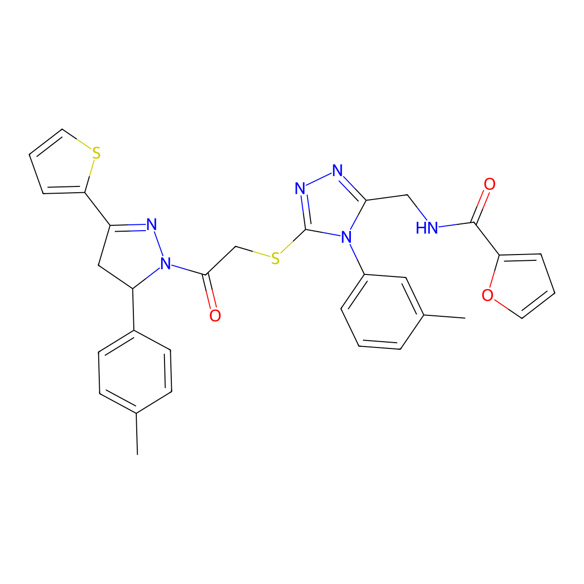 N-[[4-(3-methylphenyl)-5-[2-[3-(4-methylphenyl)-5-thiophen-2-yl-3,4-dihydropyrazol-2-yl]-2-oxoethyl]sulfanyl-1,2,4-triazol-3-yl]methyl]furan-2-carboxamide molecular structure, CAS 362506-95-4