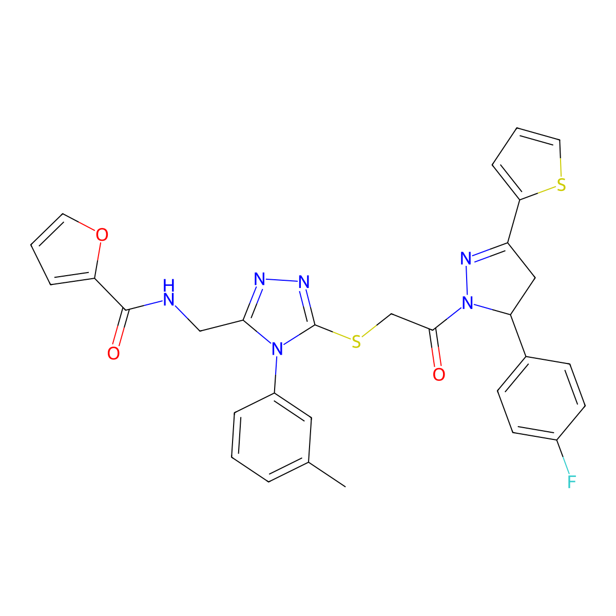 N-((5-((2-(5-(4-fluorophenyl)-3-(thiophen-2-yl)-4,5-dihydro-1H-pyrazol-1-yl)-2-oxoethyl)thio)-4-(m-tolyl)-4H-1,2,4-triazol-3-yl)methyl)furan-2-carboxamide molecular structure, CAS 362507-04-8