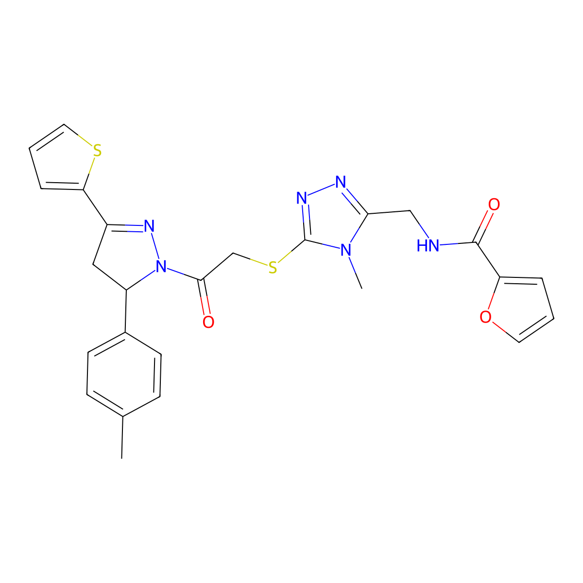 N-((4-methyl-5-((2-oxo-2-(3-(thiophen-2-yl)-5-(p-tolyl)-4,5-dihydro-1H-pyrazol-1-yl)ethyl)thio)-4H-1,2,4-triazol-3-yl)methyl)furan-2-carboxamide molecular structure, CAS 362507-24-2
