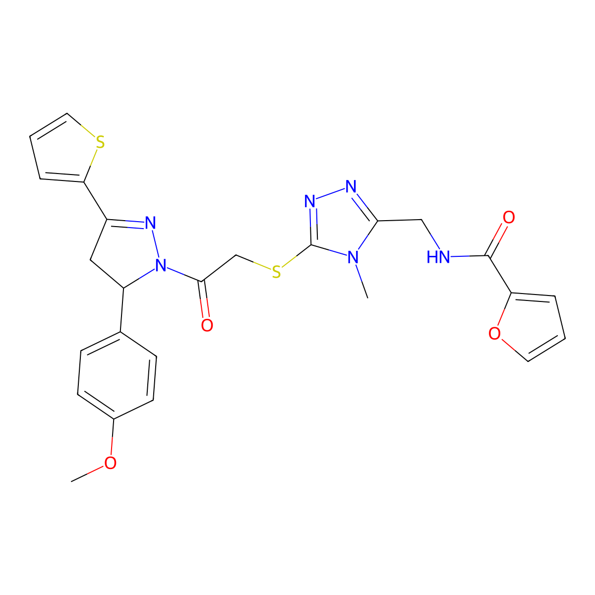 N-[[5-[2-[3-(4-methoxyphenyl)-5-thiophen-2-yl-3,4-dihydropyrazol-2-yl]-2-oxoethyl]sulfanyl-4-methyl-1,2,4-triazol-3-yl]methyl]furan-2-carboxamide molecular structure, CAS 362507-33-3
