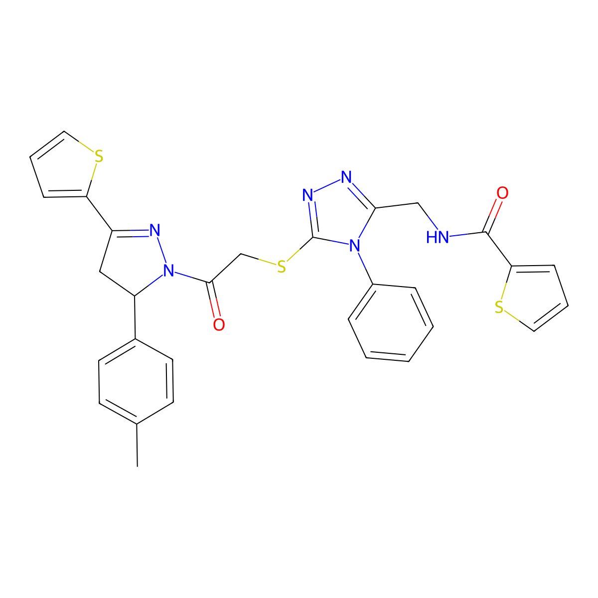 N-[[5-[2-[3-(4-methylphenyl)-5-thiophen-2-yl-3,4-dihydropyrazol-2-yl]-2-oxoethyl]sulfanyl-4-phenyl-1,2,4-triazol-3-yl]methyl]thiophene-2-carboxamide molecular structure, CAS 362507-47-9