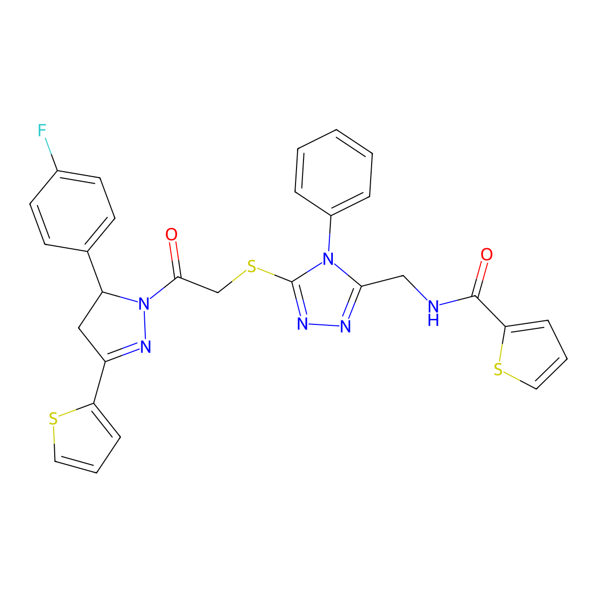N-[[5-[2-[3-(4-fluorophenyl)-5-thiophen-2-yl-3,4-dihydropyrazol-2-yl]-2-oxoethyl]sulfanyl-4-phenyl-1,2,4-triazol-3-yl]methyl]thiophene-2-carboxamide molecular structure, CAS 362507-51-5