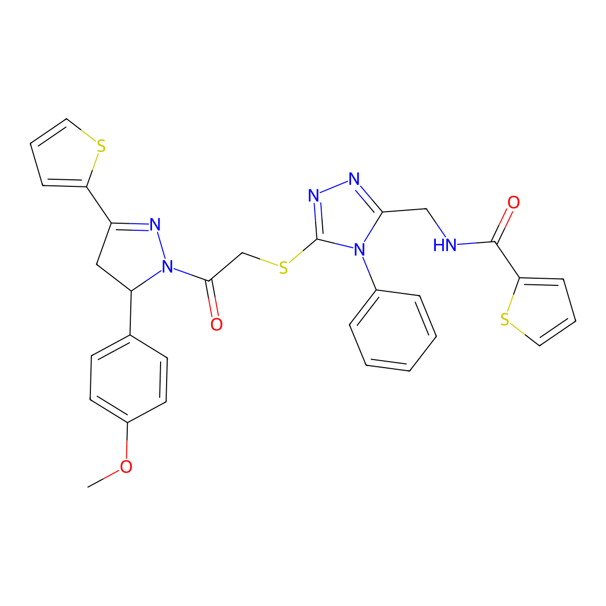 N-((5-((2-(5-(4-methoxyphenyl)-3-(thiophen-2-yl)-4,5-dihydro-1H-pyrazol-1-yl)-2-oxoethyl)thio)-4-phenyl-4H-1,2,4-triazol-3-yl)methyl)thiophene-2-carboxamide molecular structure, CAS 362507-53-7