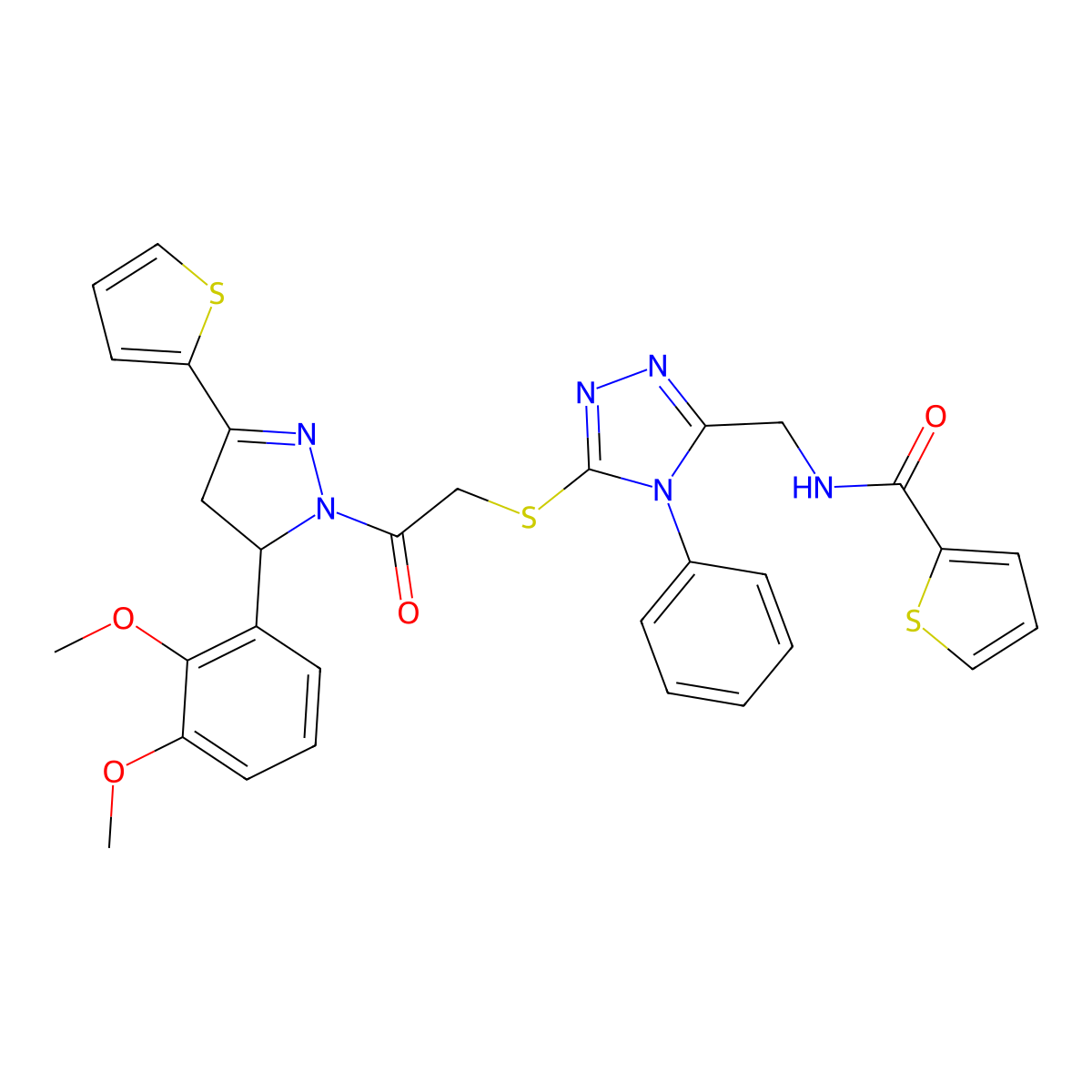 N-((5-((2-(5-(2,3-dimethoxyphenyl)-3-(thiophen-2-yl)-4,5-dihydro-1H-pyrazol-1-yl)-2-oxoethyl)thio)-4-phenyl-4H-1,2,4-triazol-3-yl)methyl)thiophene-2-carboxamide molecular structure, CAS 362507-61-7