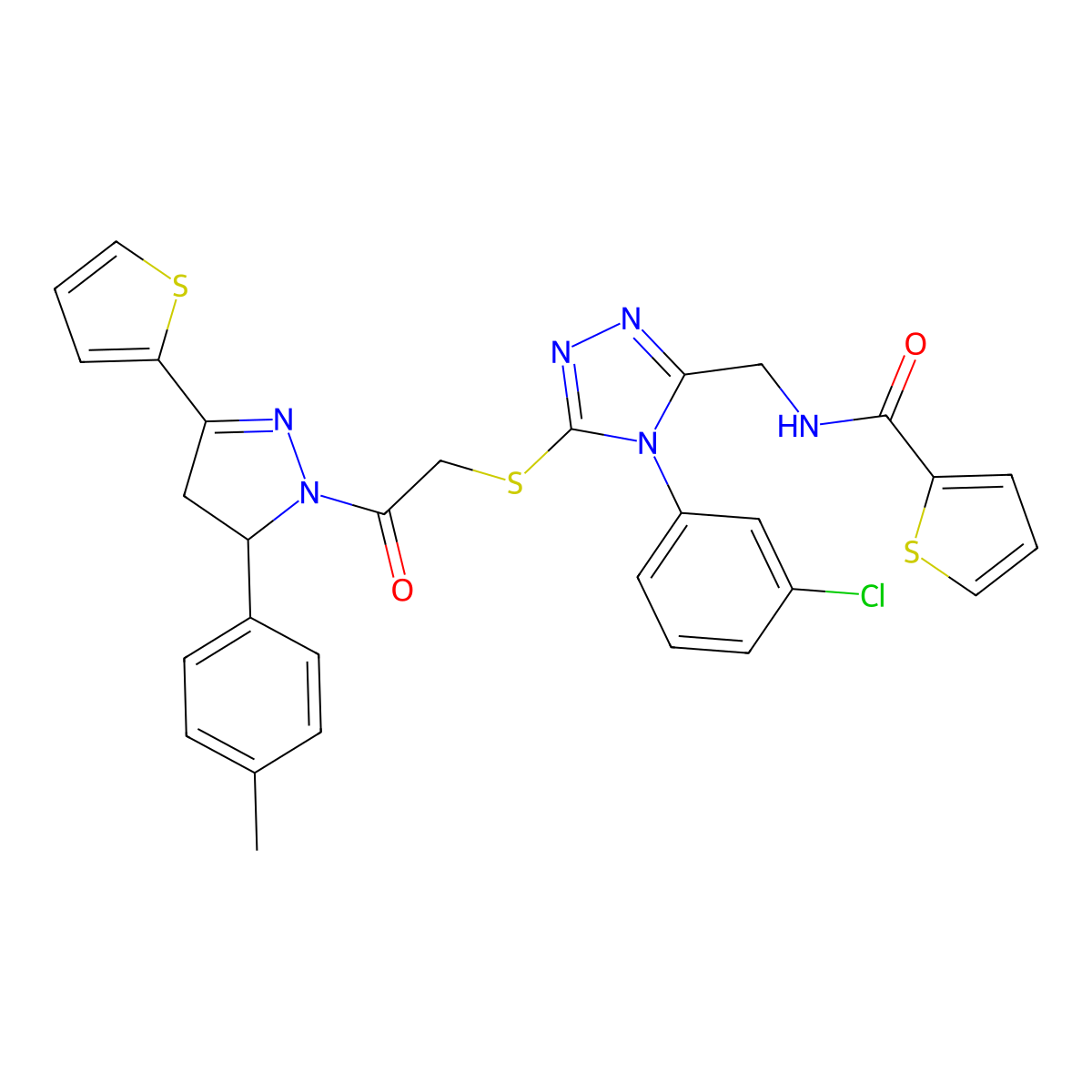 N-((4-(3-chlorophenyl)-5-((2-oxo-2-(3-(thiophen-2-yl)-5-(p-tolyl)-4,5-dihydro-1H-pyrazol-1-yl)ethyl)thio)-4H-1,2,4-triazol-3-yl)methyl)thiophene-2-carboxamide molecular structure, CAS 362507-63-9