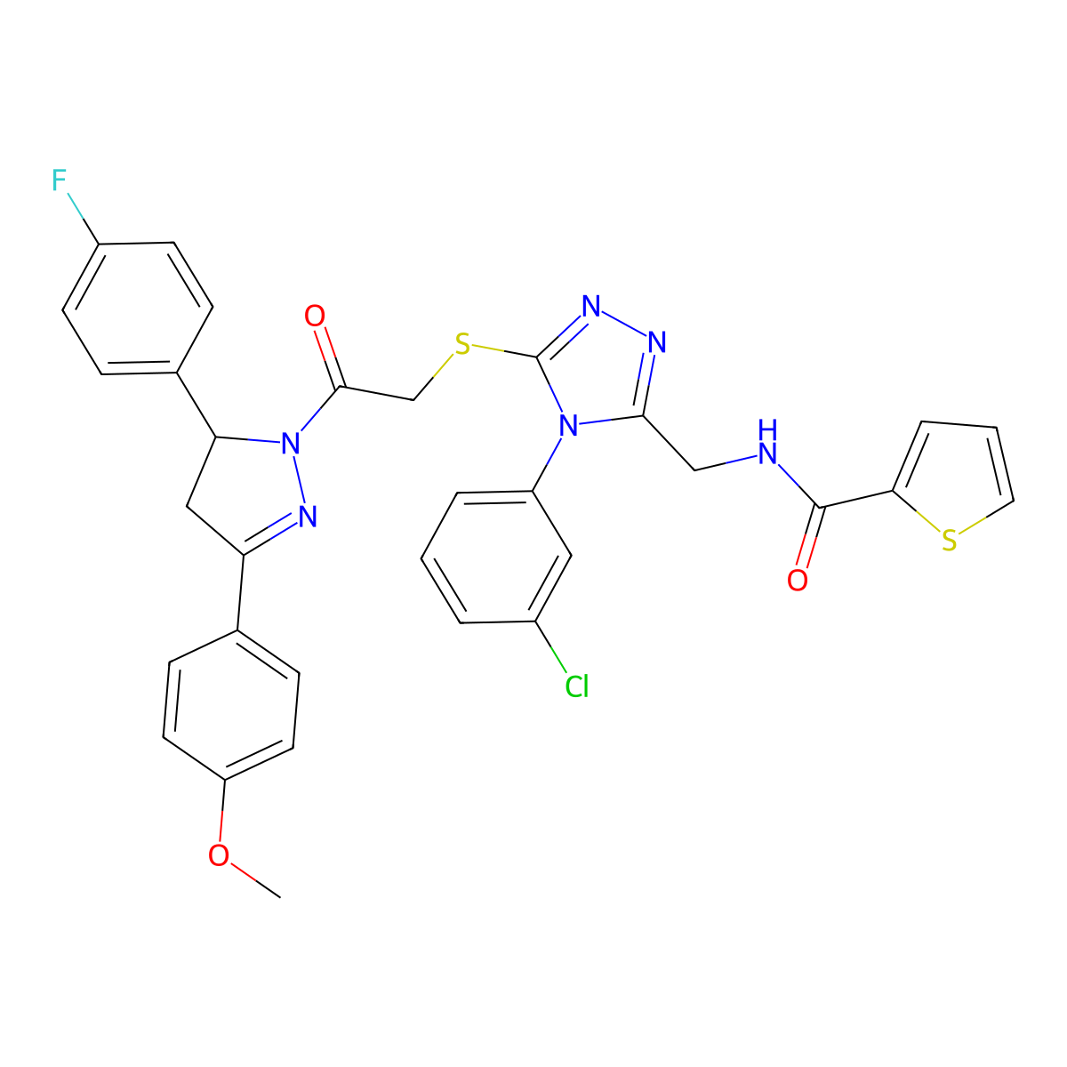 N-((4-(3-chlorophenyl)-5-((2-(5-(4-fluorophenyl)-3-(4-methoxyphenyl)-4,5-dihydro-1H-pyrazol-1-yl)-2-oxoethyl)thio)-4H-1,2,4-triazol-3-yl)methyl)thiophene-2-carboxamide molecular structure, CAS 362507-65-1