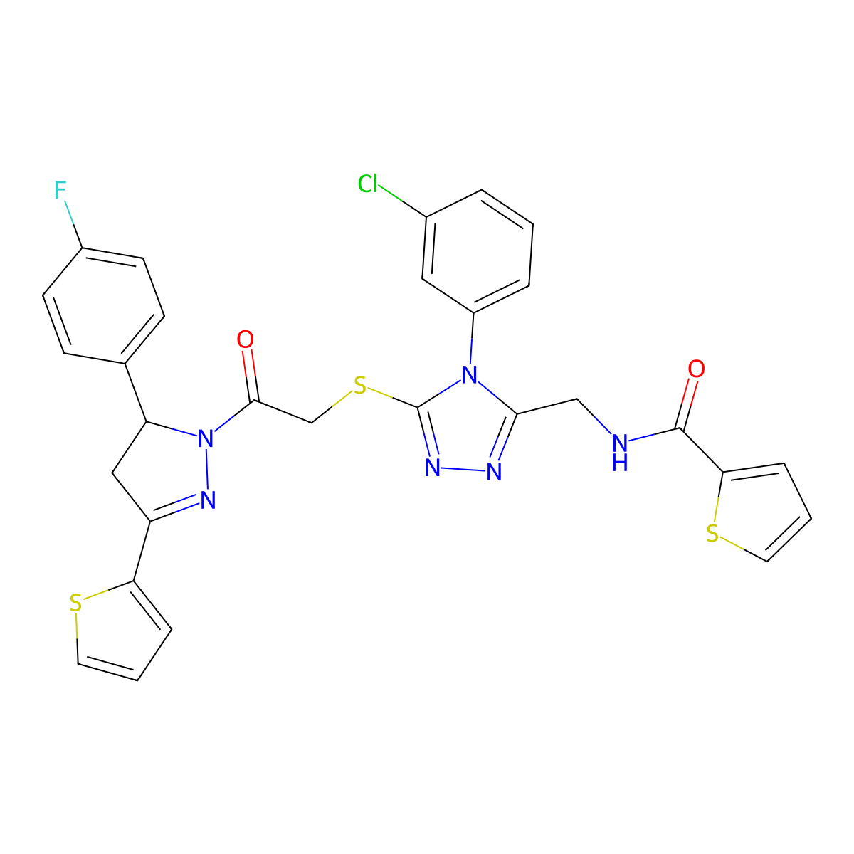 N-[[4-(3-chlorophenyl)-5-[2-[3-(4-fluorophenyl)-5-thiophen-2-yl-3,4-dihydropyrazol-2-yl]-2-oxoethyl]sulfanyl-1,2,4-triazol-3-yl]methyl]thiophene-2-carboxamide molecular structure, CAS 362507-67-3