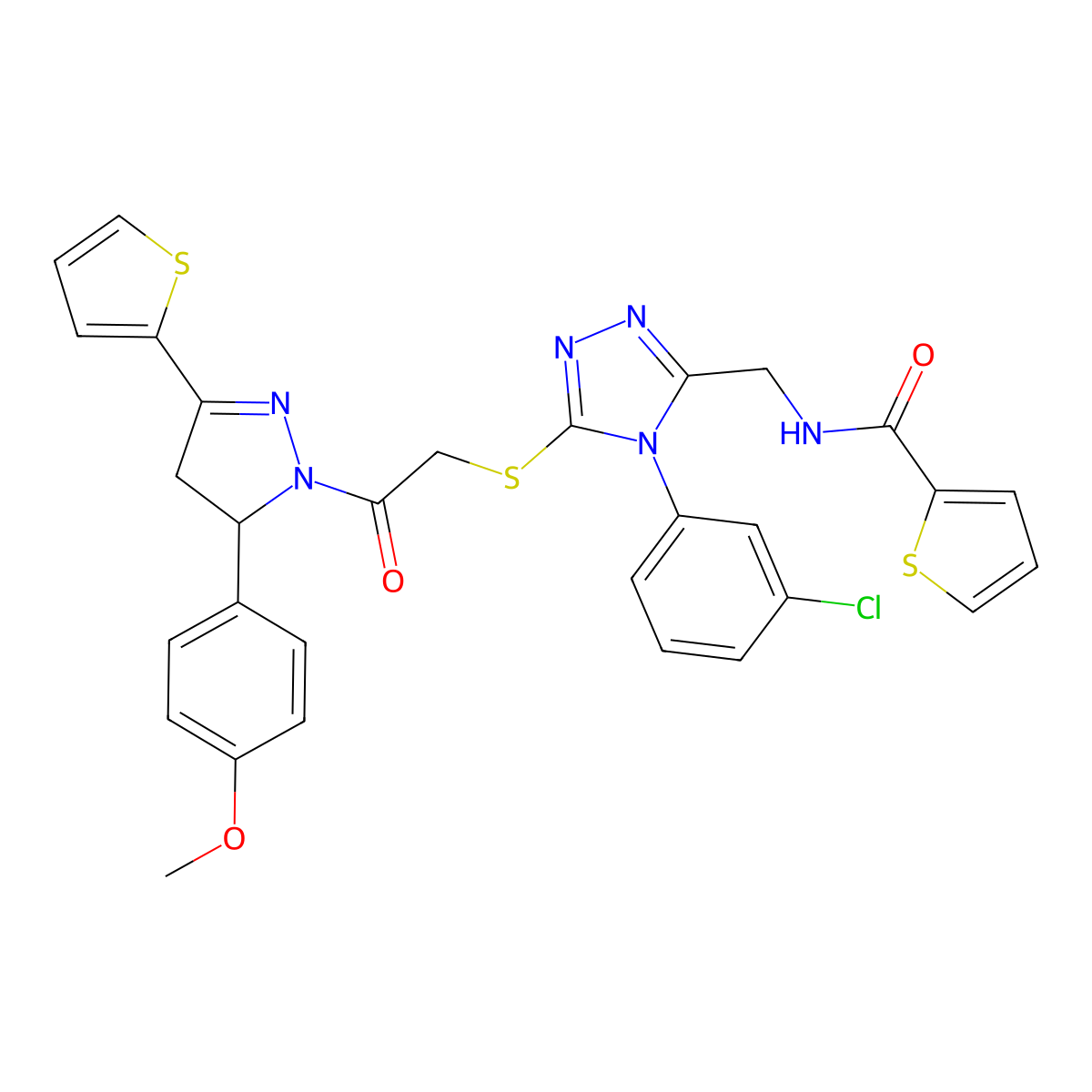 N-[[4-(3-chlorophenyl)-5-[2-[3-(4-methoxyphenyl)-5-thiophen-2-yl-3,4-dihydropyrazol-2-yl]-2-oxoethyl]sulfanyl-1,2,4-triazol-3-yl]methyl]thiophene-2-carboxamide molecular structure, CAS 362507-69-5