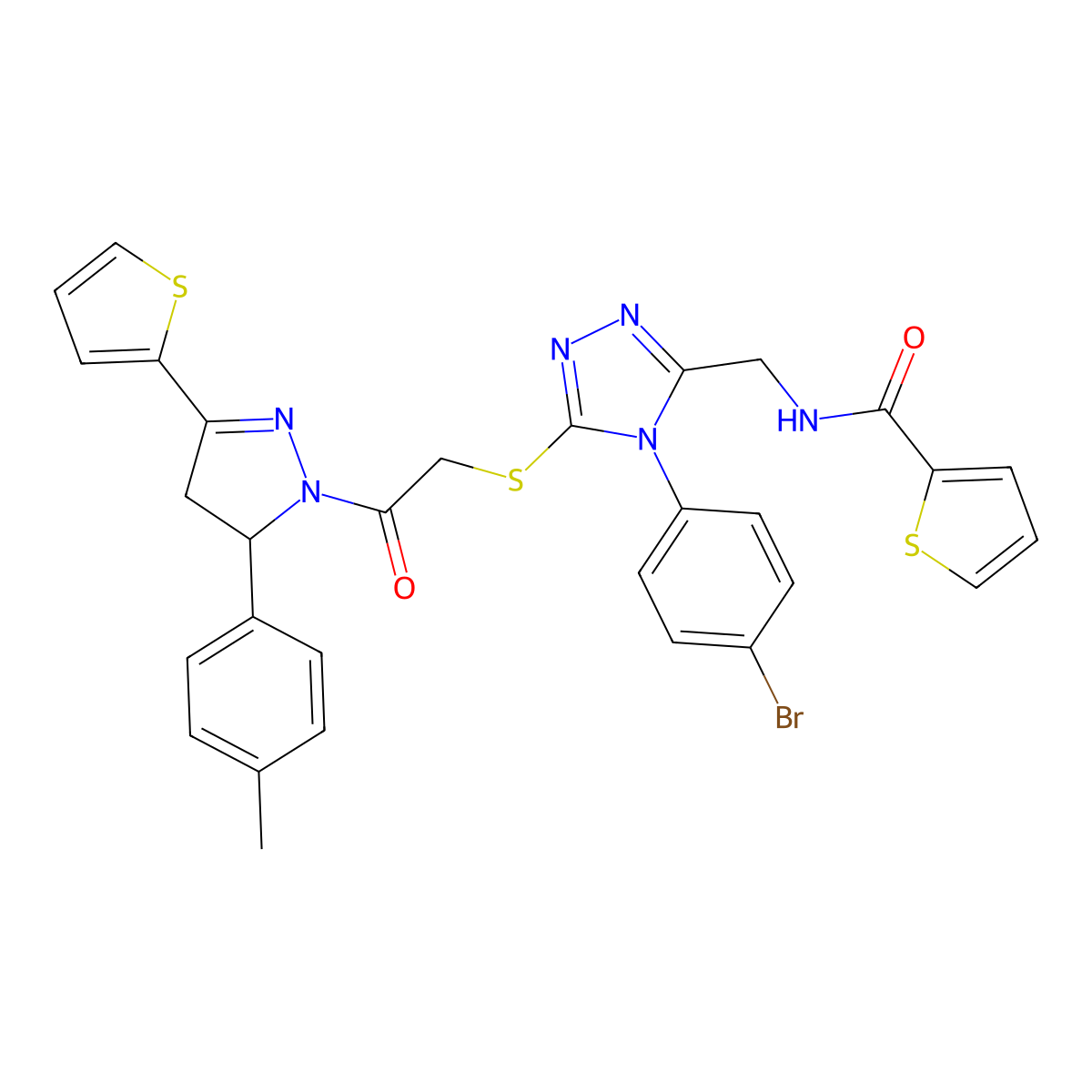 N-((4-(4-bromophenyl)-5-((2-oxo-2-(3-(thiophen-2-yl)-5-(p-tolyl)-4,5-dihydro-1H-pyrazol-1-yl)ethyl)thio)-4H-1,2,4-triazol-3-yl)methyl)thiophene-2-carboxamide molecular structure, CAS 362507-76-4