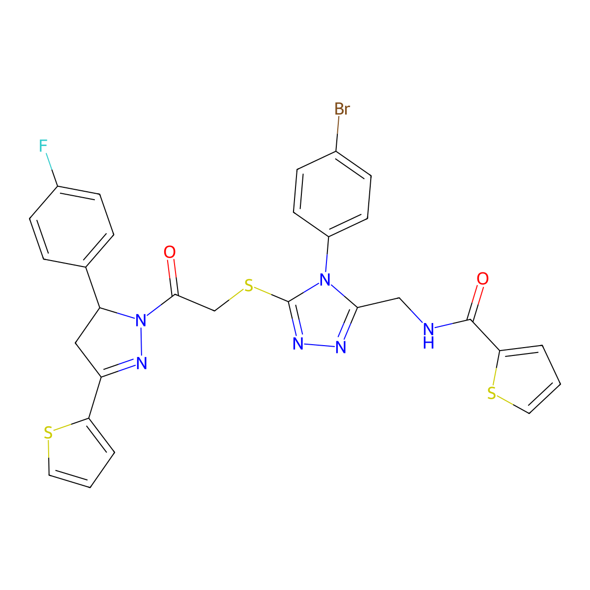 N-[[4-(4-bromophenyl)-5-[2-[3-(4-fluorophenyl)-5-thiophen-2-yl-3,4-dihydropyrazol-2-yl]-2-oxoethyl]sulfanyl-1,2,4-triazol-3-yl]methyl]thiophene-2-carboxamide molecular structure, CAS 362507-78-6